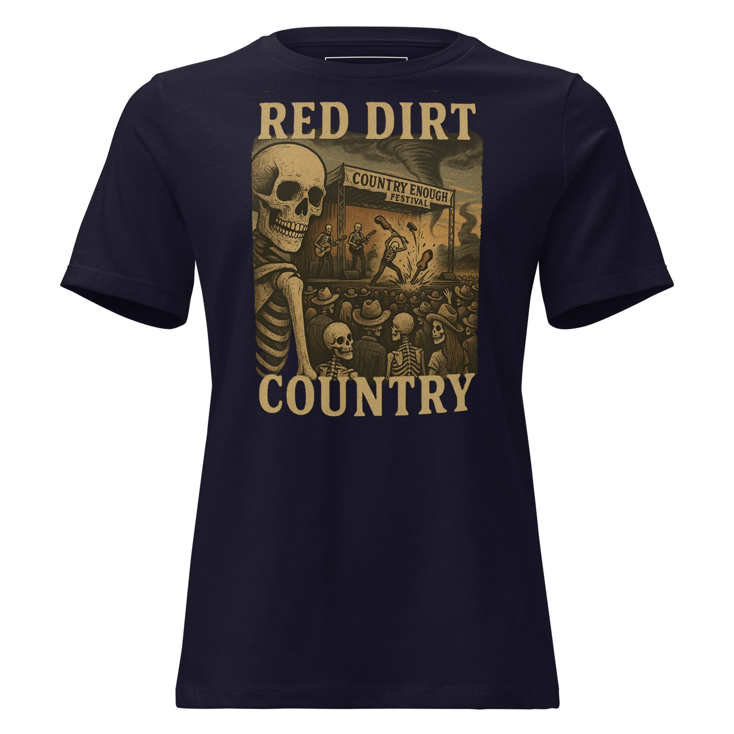 Navy t-shirt with graphic of skeletons watch a country enough musical festival of a skeleton band with words red dirt country #navy