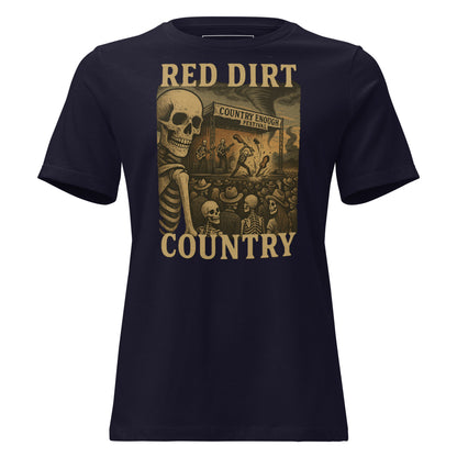 Navy t-shirt with graphic of skeletons watch a country enough musical festival of a skeleton band with words red dirt country #navy