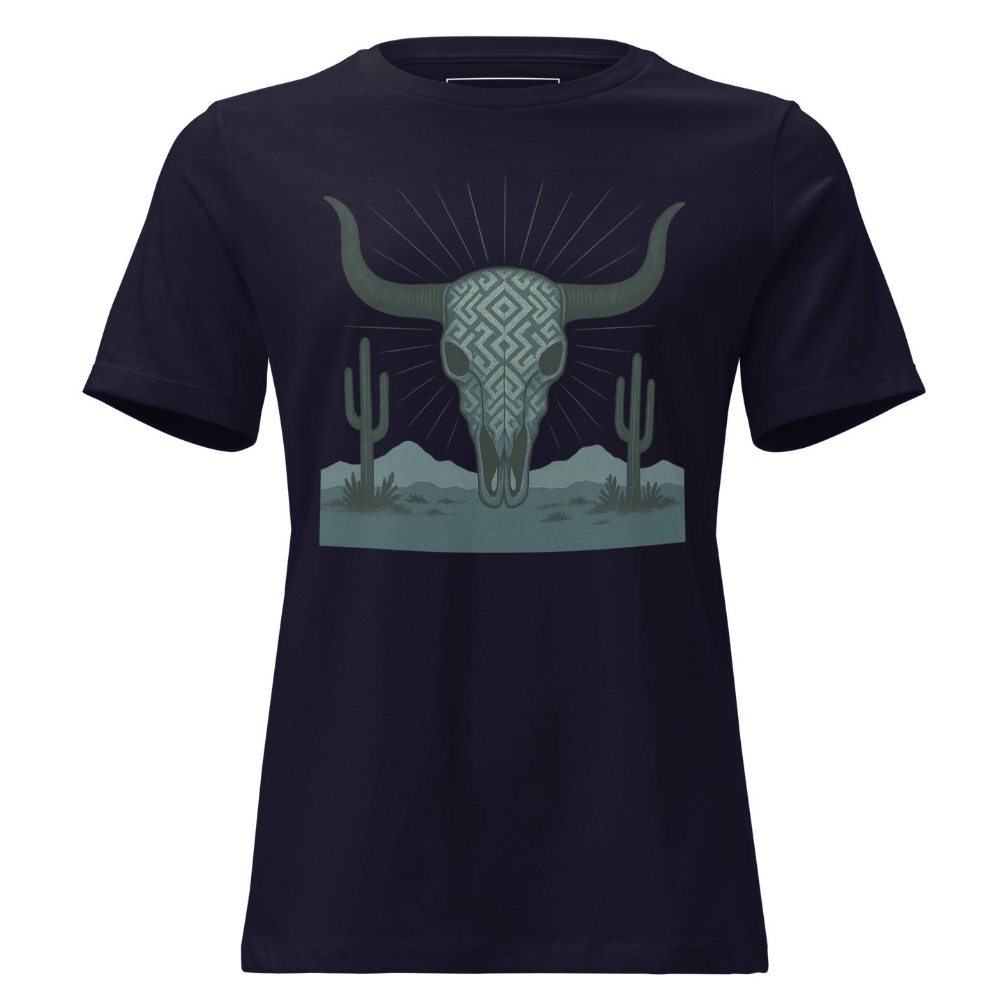 Navy t-shirt with dark green bull skull and mirrored cacti on a desert landscape #navy
