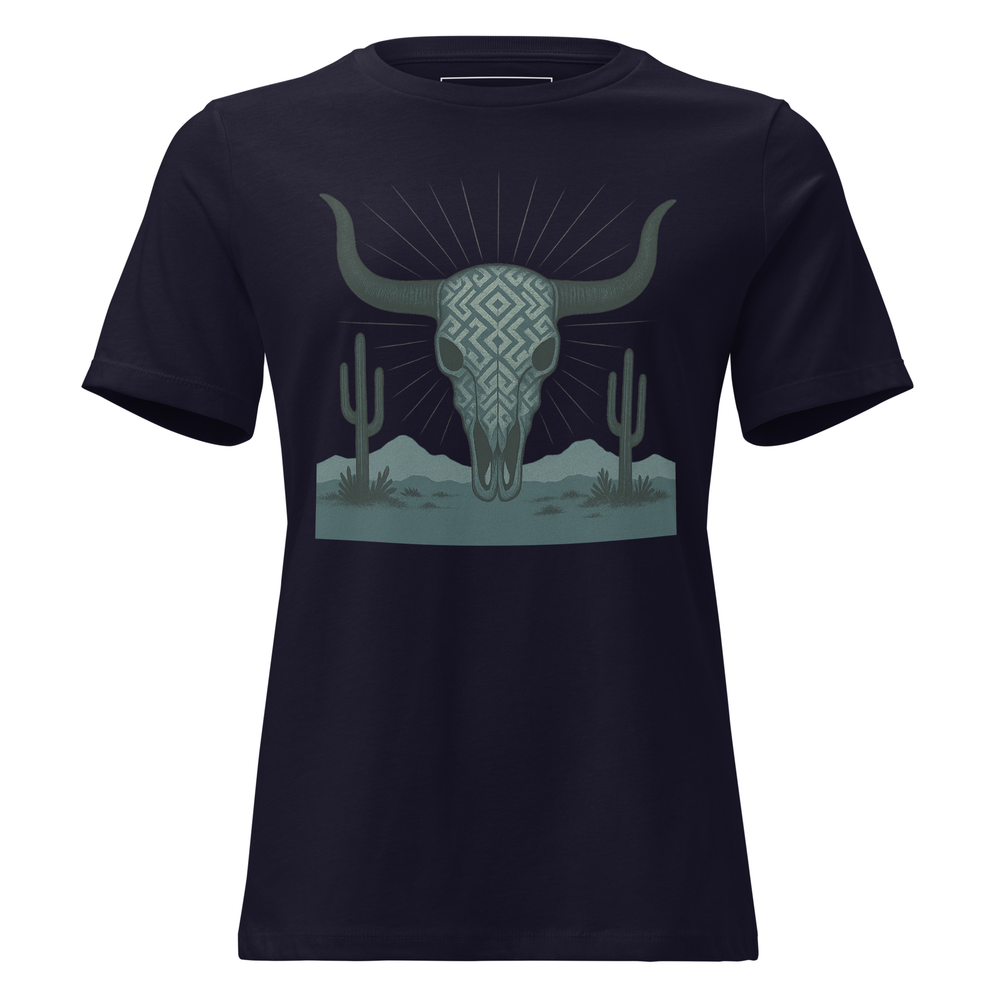 Navy t-shirt with dark green bull skull and mirrored cacti on a desert landscape #navy
