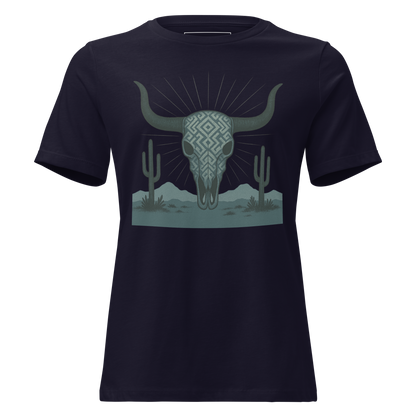 Navy t-shirt with dark green bull skull and mirrored cacti on a desert landscape #navy