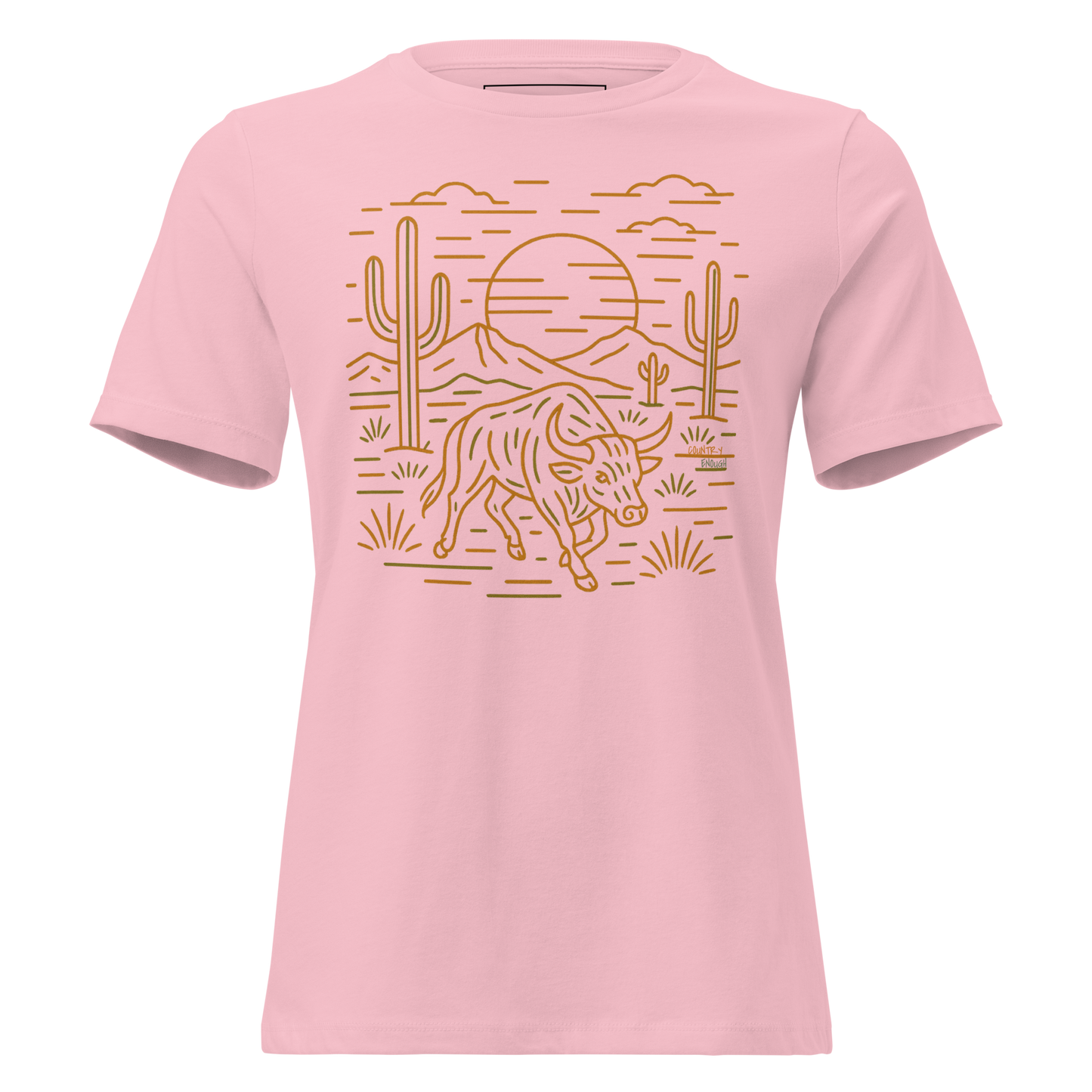 Pink t-shirt with graphic or bull, cacti, sun, and desert landscape #pink