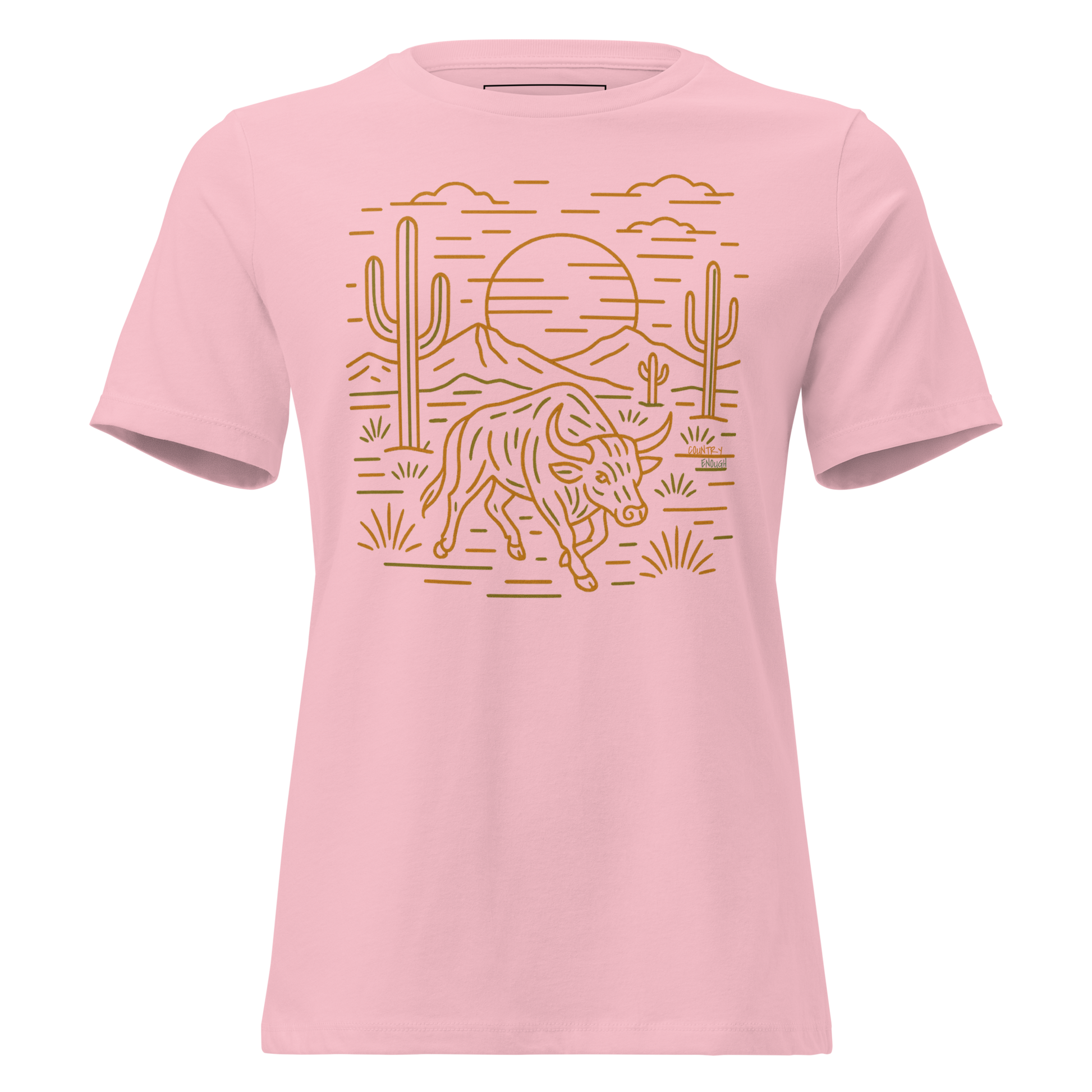 Pink t-shirt with graphic or bull, cacti, sun, and desert landscape #pink