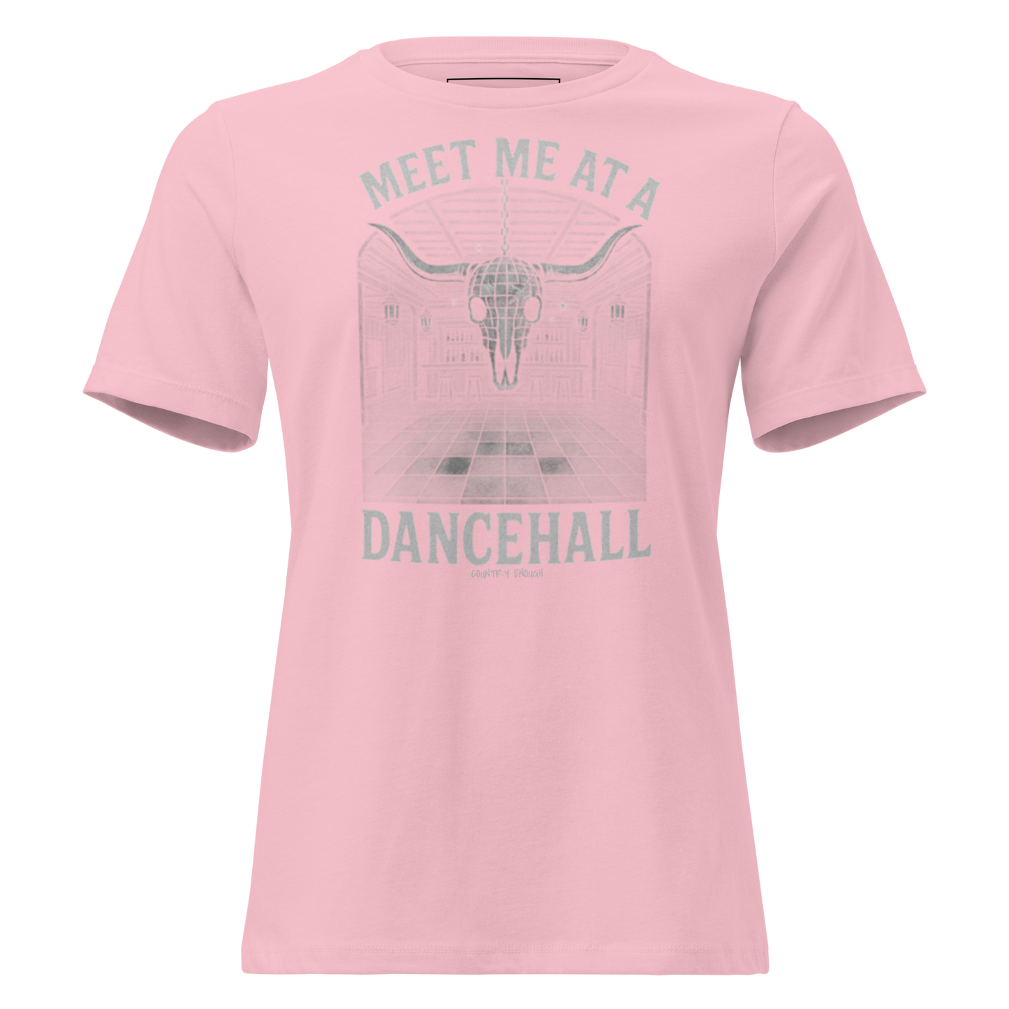 Pink t-shirt with graphic of a bar scene, bull skull shaped disco ball, and words meet me at a dancehall, all in gray #pink