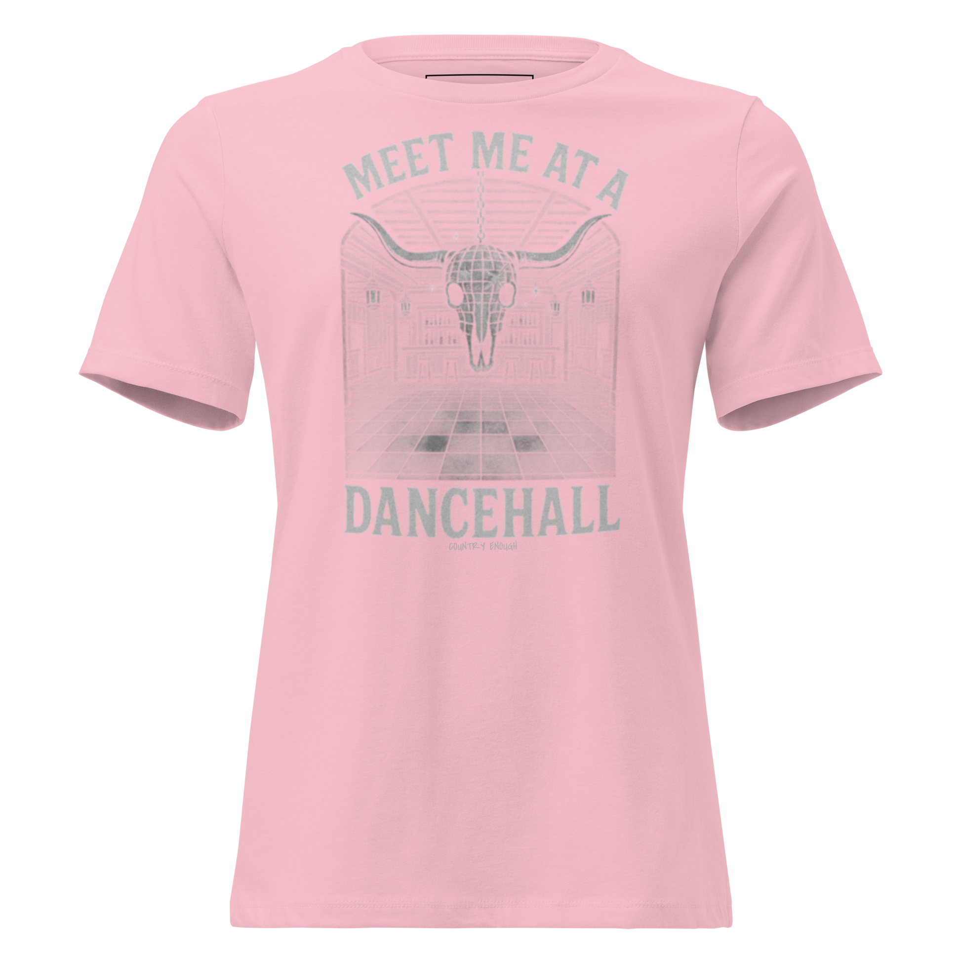 Pink t-shirt with graphic of a bar scene, bull skull shaped disco ball, and words meet me at a dancehall, all in gray #pink