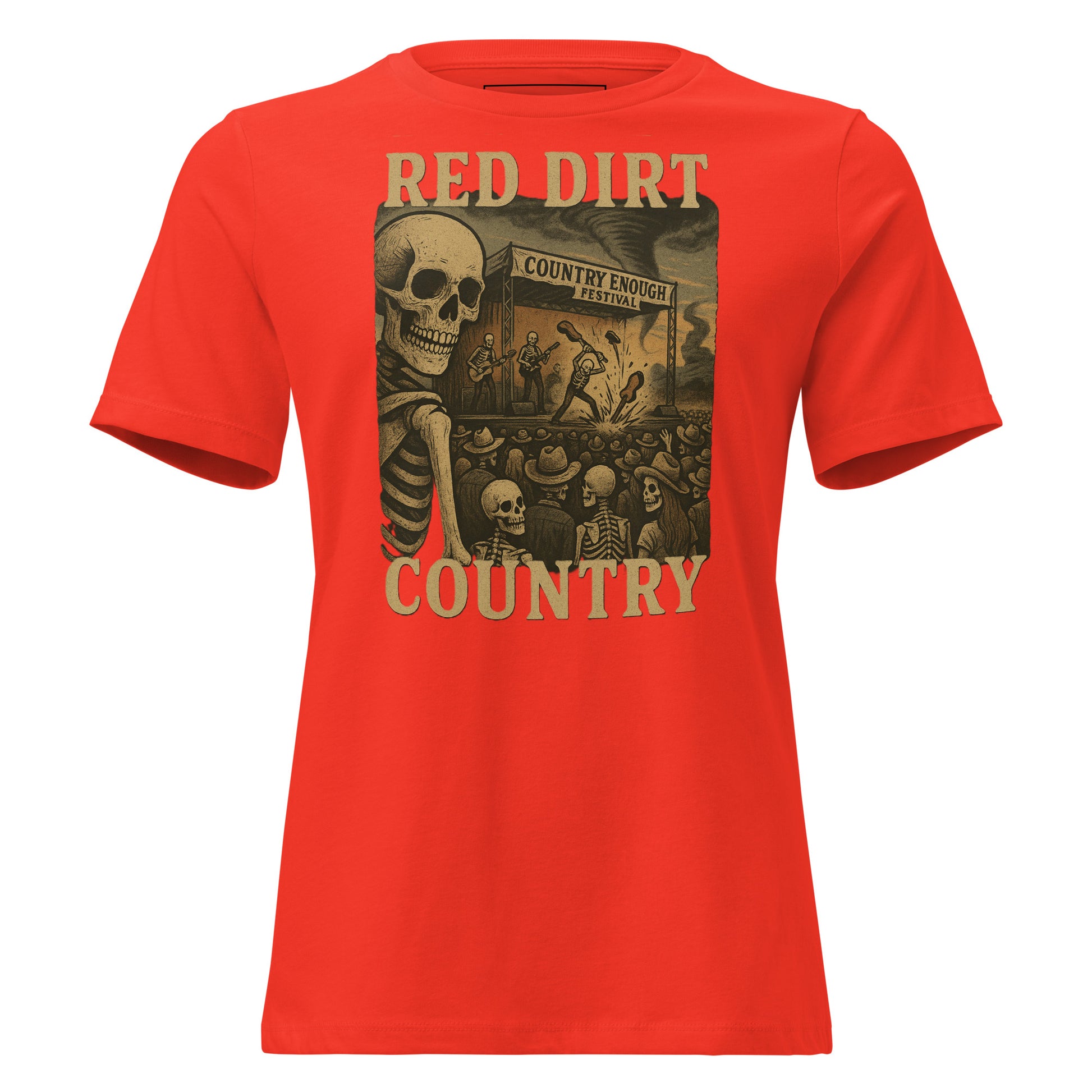 Red t-shirt with graphic of skeletons watch a country enough musical festival of a skeleton band with words red dirt country #red