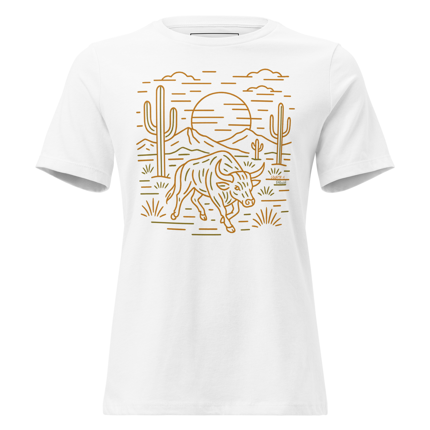 White t-shirt with graphic or bull, cacti, sun, and desert landscape #white