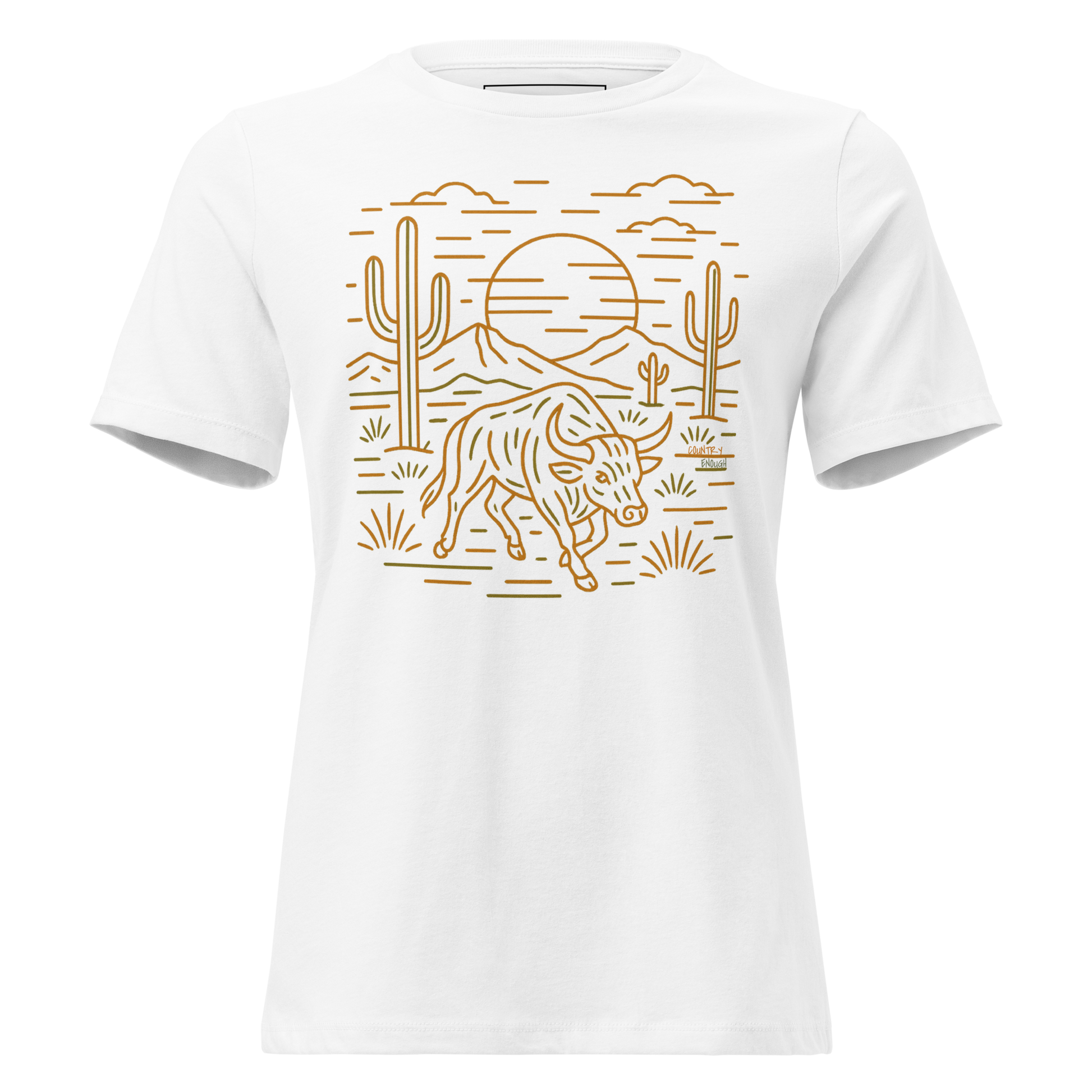 White t-shirt with graphic or bull, cacti, sun, and desert landscape #white