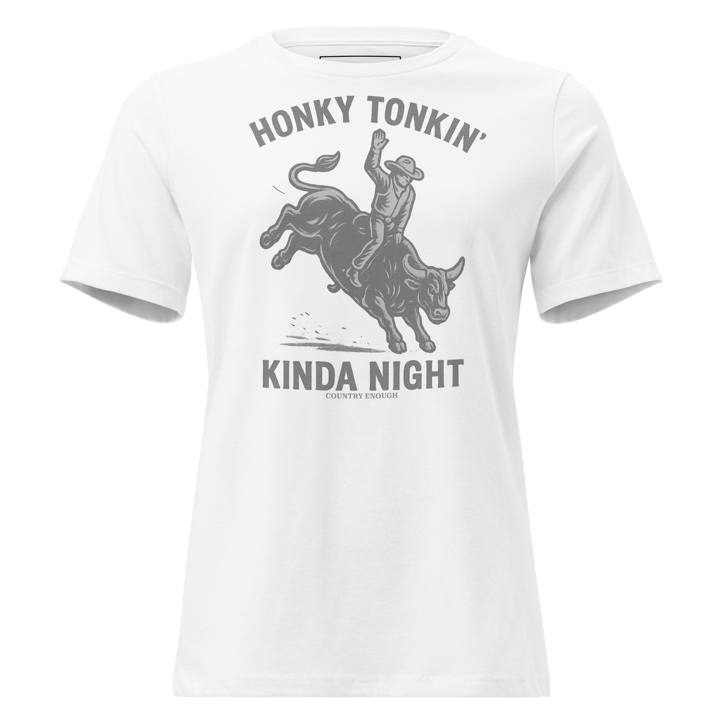White t-shirt with graphic of a bull rider on a bucking bull and the words honky tonkin' kinda night #white