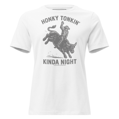 White t-shirt with graphic of a bull rider on a bucking bull and the words honky tonkin' kinda night #white