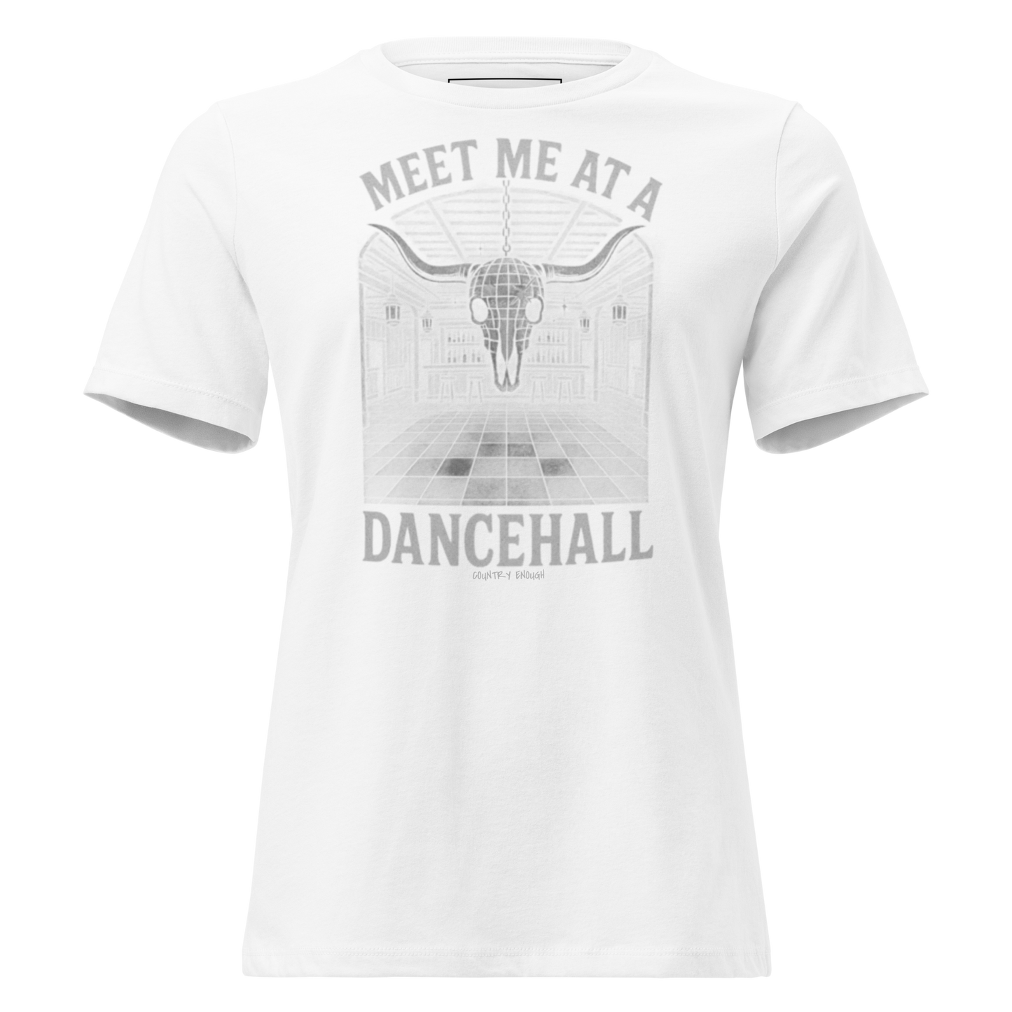 White t-shirt with graphic of a bar scene, bull skull shaped disco ball, and words meet me at a dancehall, all in gray #white