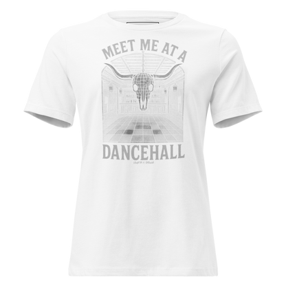 White t-shirt with graphic of a bar scene, bull skull shaped disco ball, and words meet me at a dancehall, all in gray #white
