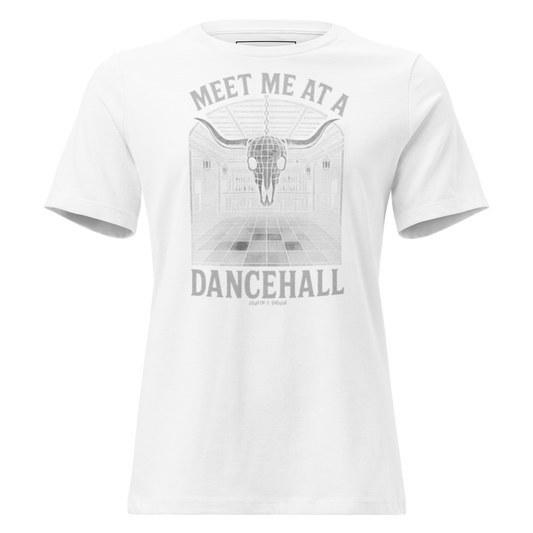 White t-shirt with graphic of a bar scene, bull skull shaped disco ball, and words meet me at a dancehall, all in gray #white