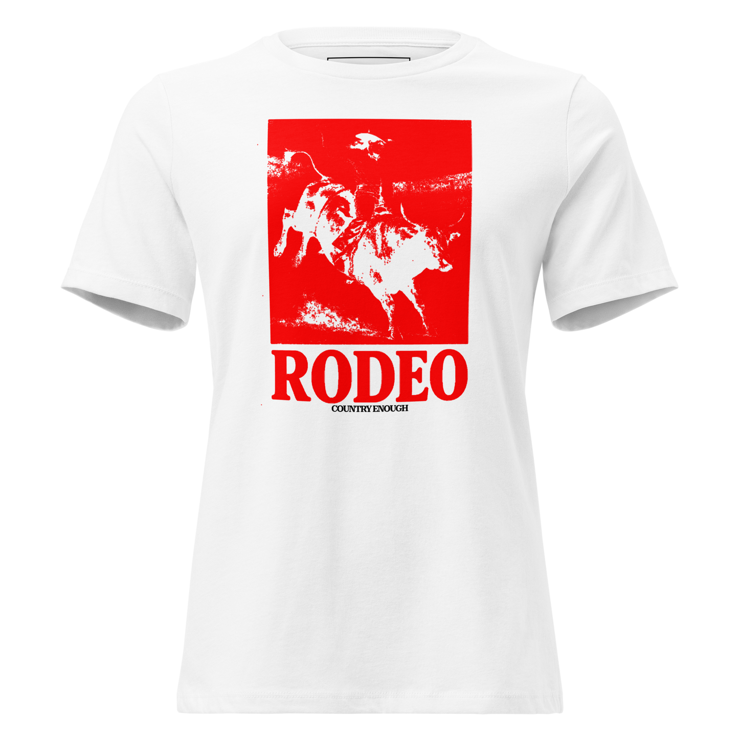 White t-shirt with bright red graphic of a cowgirl riding a bull and the word rodeo below #white