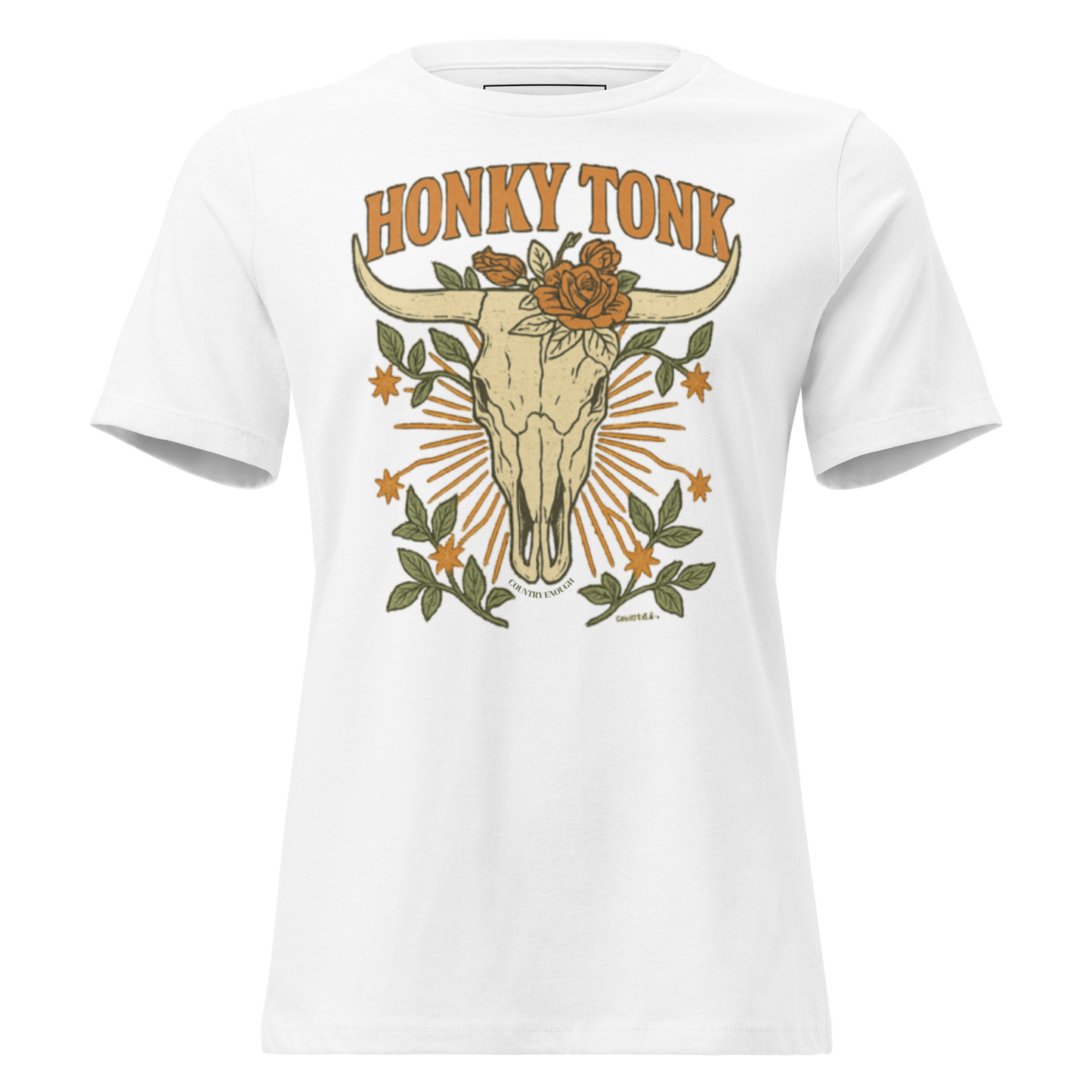 White t-shirt with graphic of bull skull and roses with word honky tonk above #white