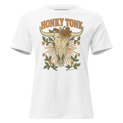 White t-shirt with graphic of bull skull and roses with word honky tonk above #white