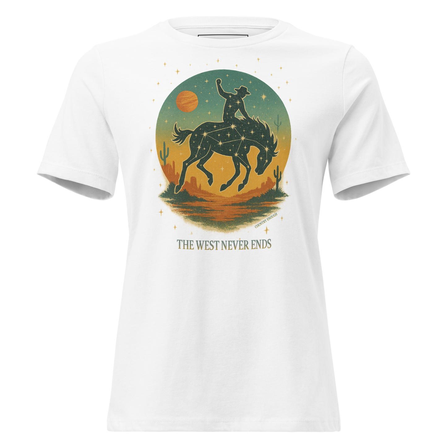 White t-shirt with graphic of a bucking horse with rider on top, desert landscape, stars and constellations, and the words the west never ends #white