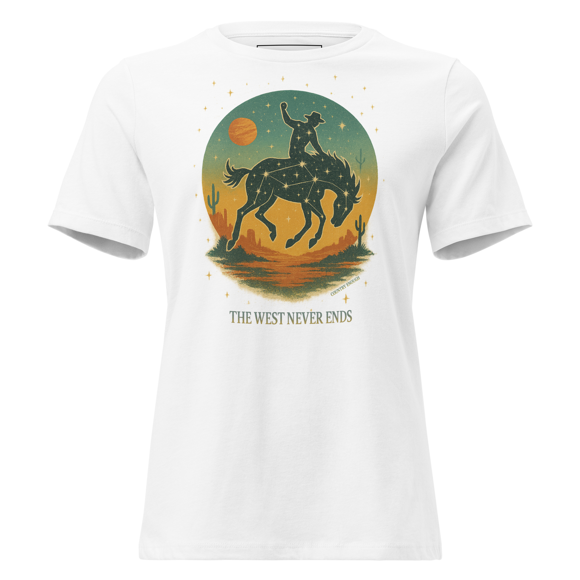 White t-shirt with graphic of a bucking horse with rider on top, desert landscape, stars and constellations, and the words the west never ends #white