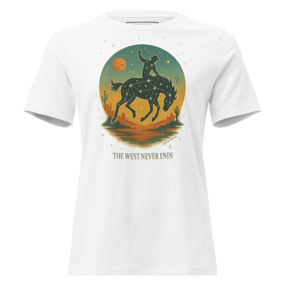 White t-shirt with graphic of a bucking horse with rider on top, desert landscape, stars and constellations, and the words the west never ends #white