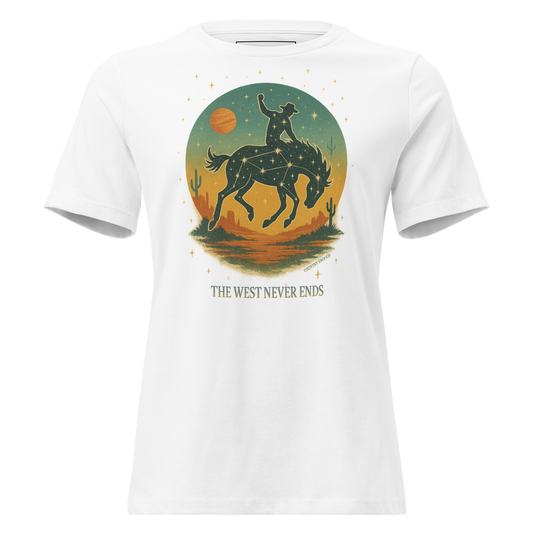 White t-shirt with graphic of a bucking horse with rider on top, desert landscape, stars and constellations, and the words the west never ends #white