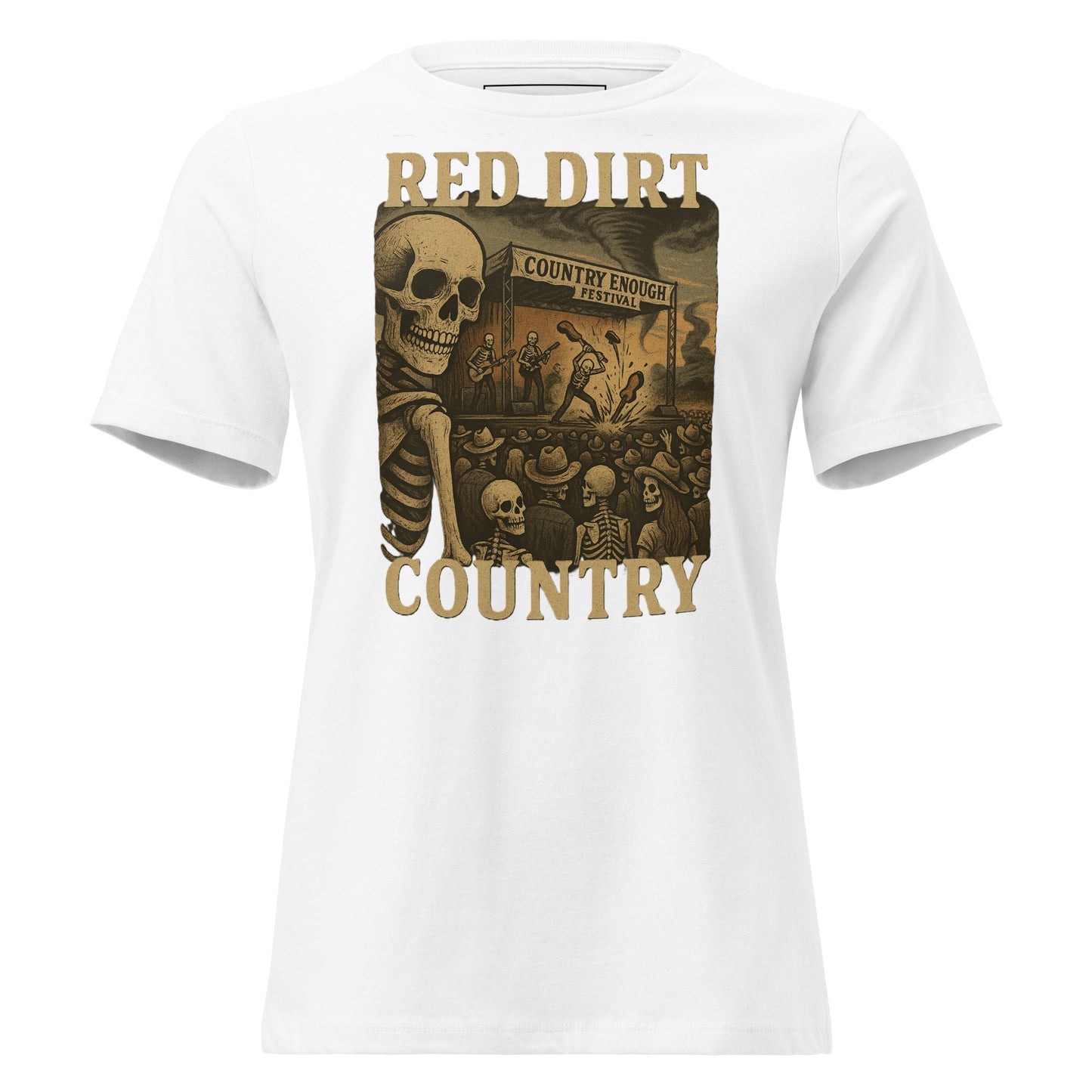 White t-shirt with graphic of skeletons watch a country enough musical festival of a skeleton band with words red dirt country #white