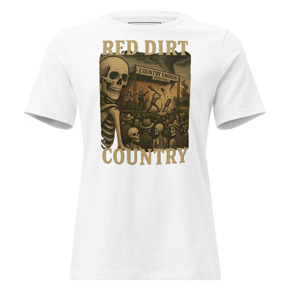 White t-shirt with graphic of skeletons watch a country enough musical festival of a skeleton band with words red dirt country #white