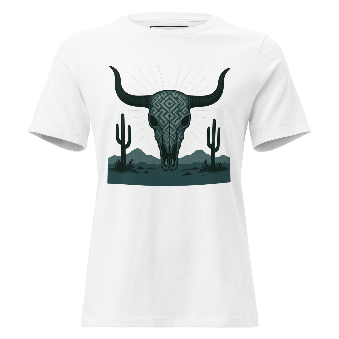 White t-shirt with dark green bull skull and mirrored cacti on a desert landscape #white