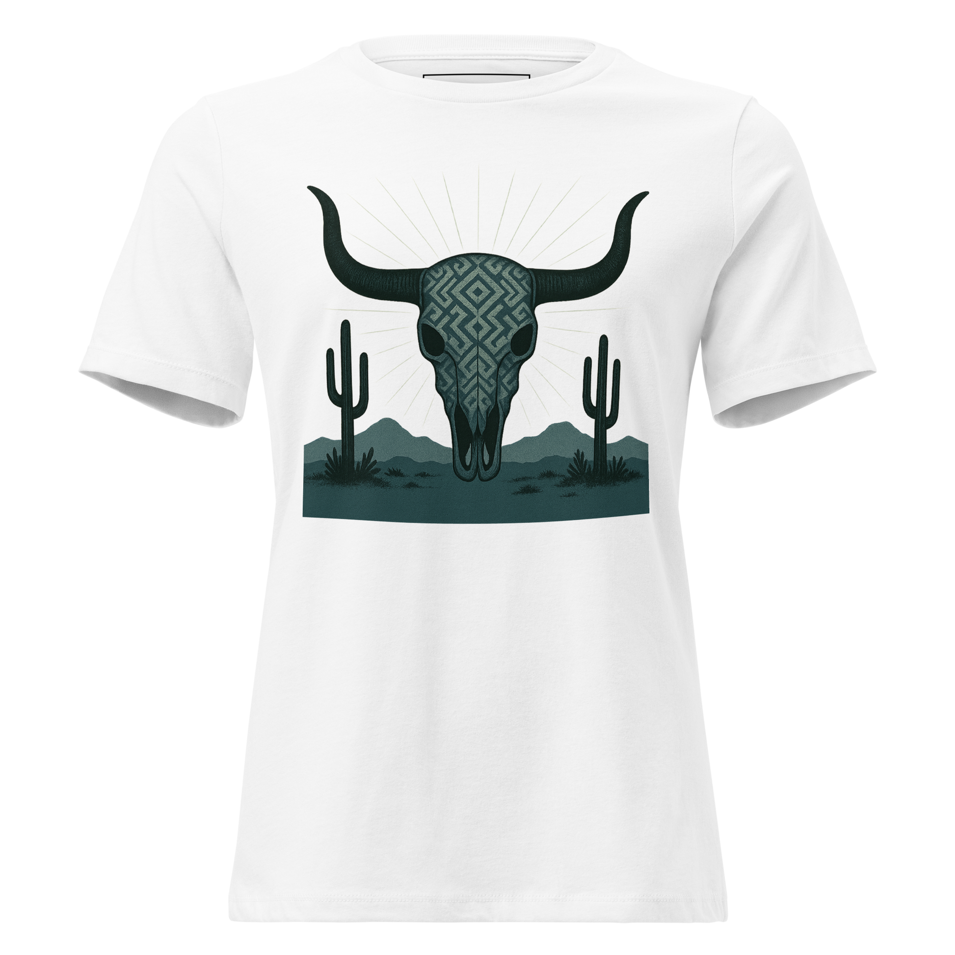White t-shirt with dark green bull skull and mirrored cacti on a desert landscape #white