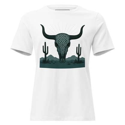 White t-shirt with dark green bull skull and mirrored cacti on a desert landscape #white