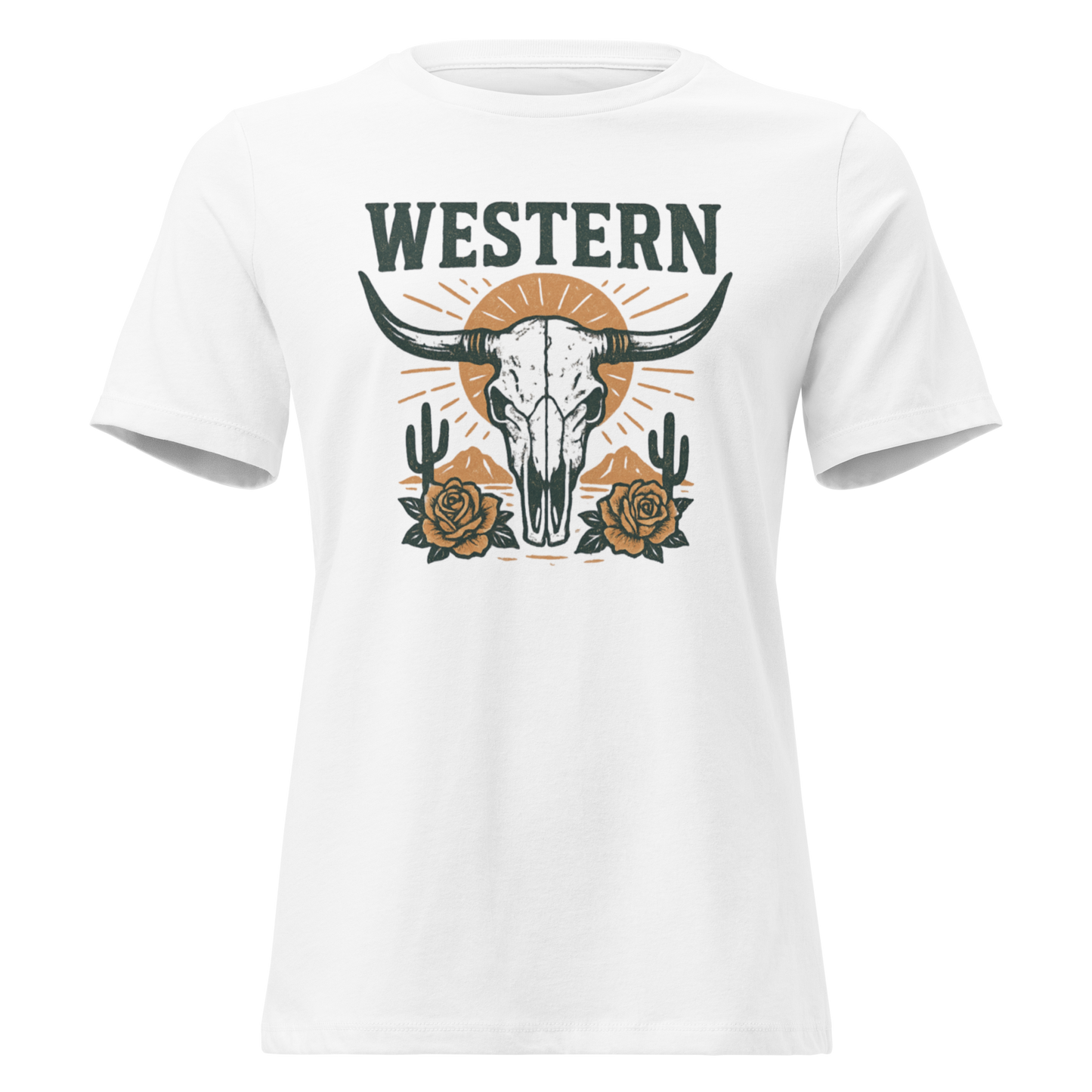 White t-shirt with graphic of desert landscape, cacti, roses, bull skull and sun. #white