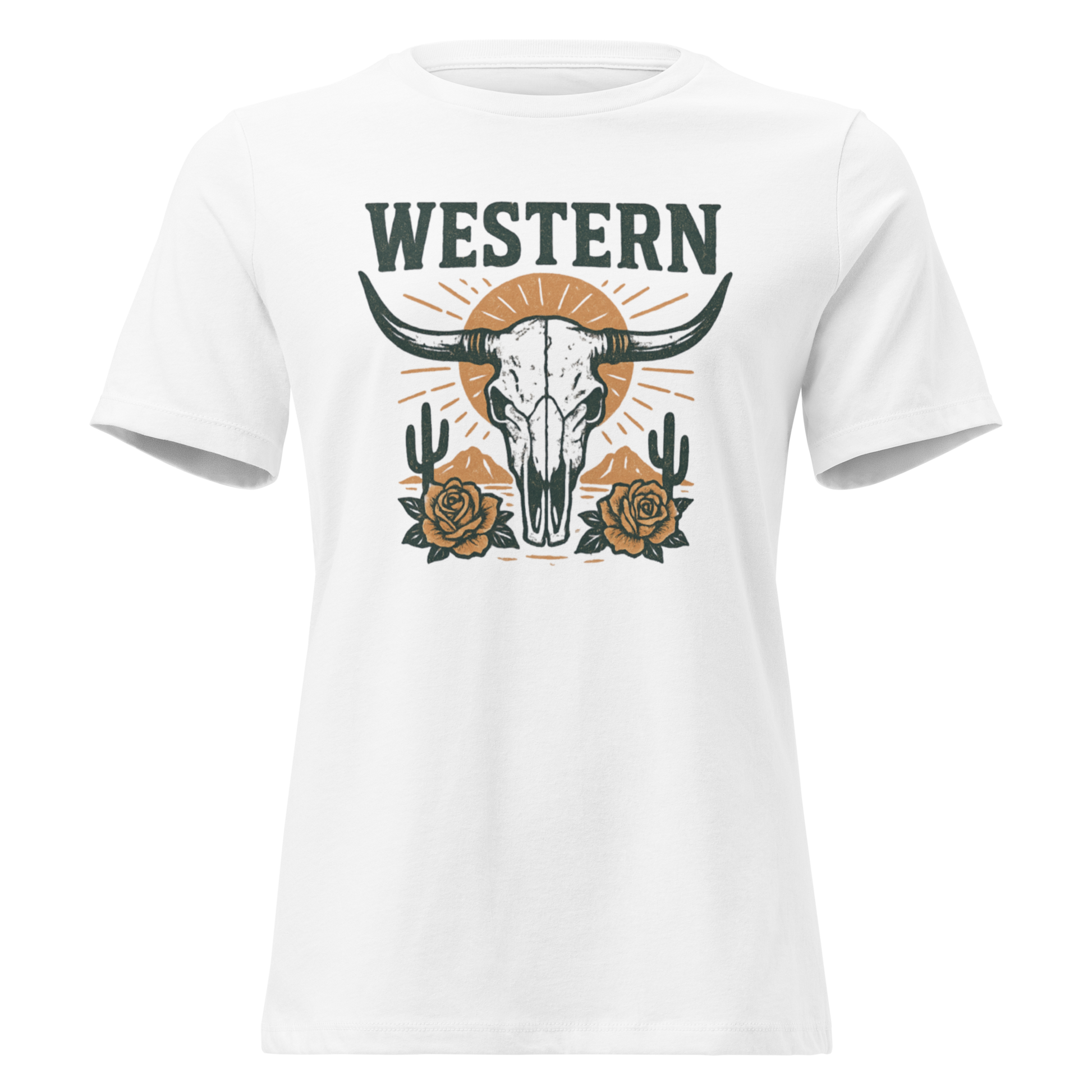 White t-shirt with graphic of desert landscape, cacti, roses, bull skull and sun. #white