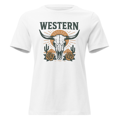 White t-shirt with graphic of desert landscape, cacti, roses, bull skull and sun. #white