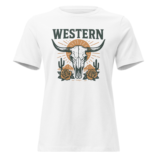 White t-shirt with graphic of desert landscape, cacti, roses, bull skull and sun. #white