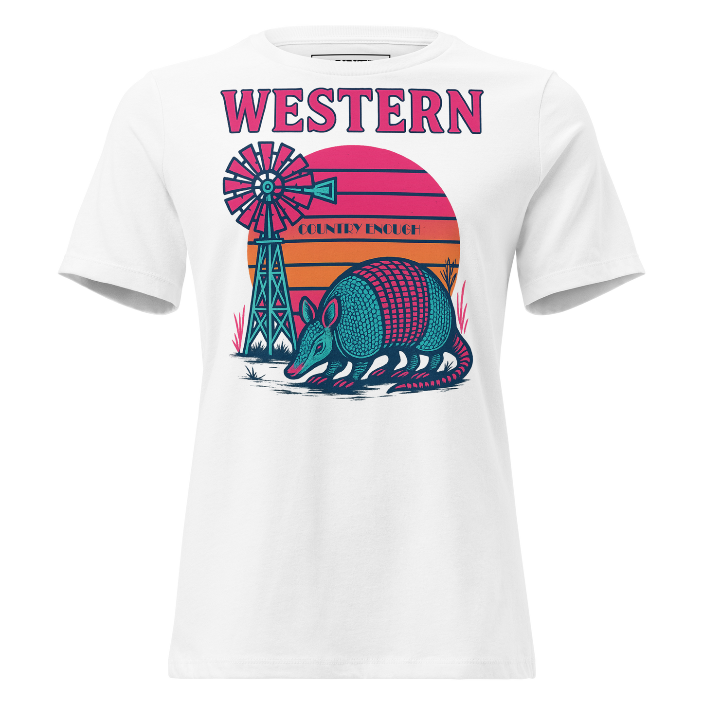 White t-shirt with sunset, windmill, and an armadillo graphic #white