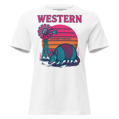 White t-shirt with sunset, windmill, and an armadillo graphic #white