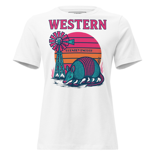 White t-shirt with sunset, windmill, and an armadillo graphic #white