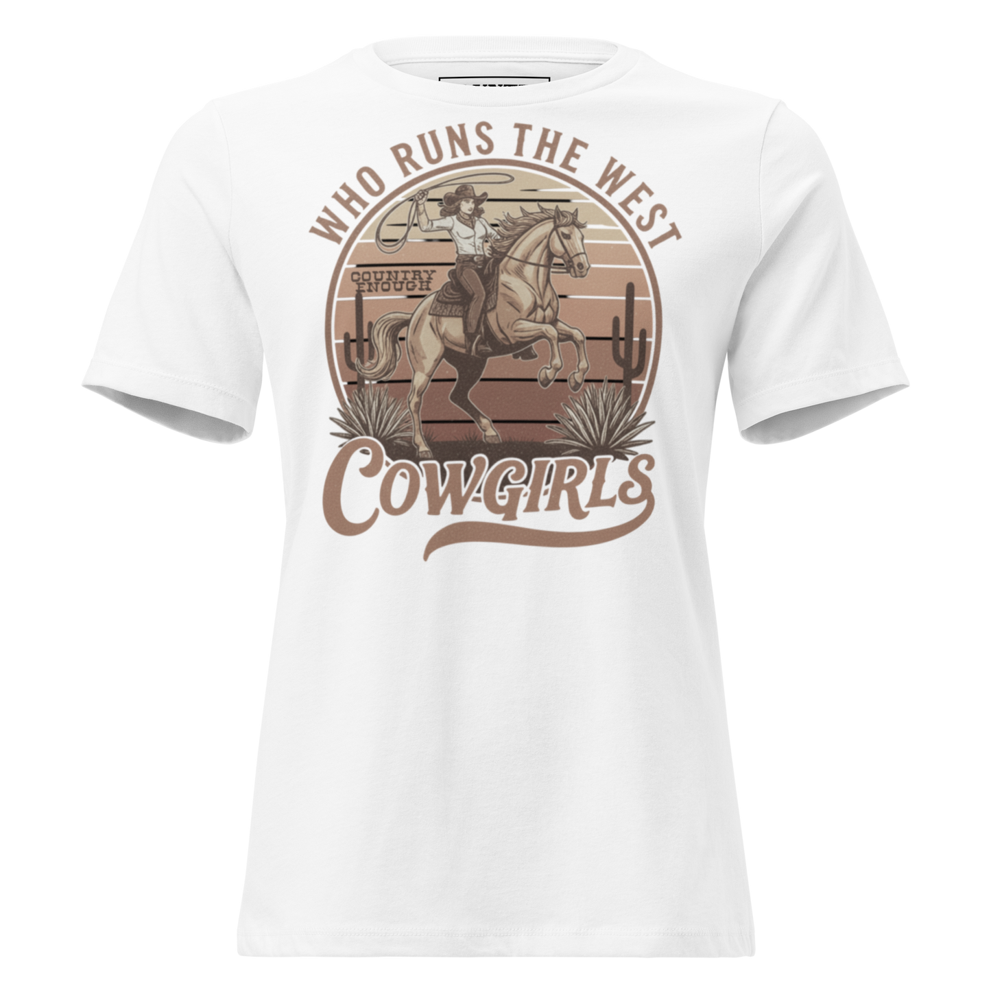 White t-shirt with graphic of a roping cowgirl on a horse, cacti, and words who runs the west cowgirls #white