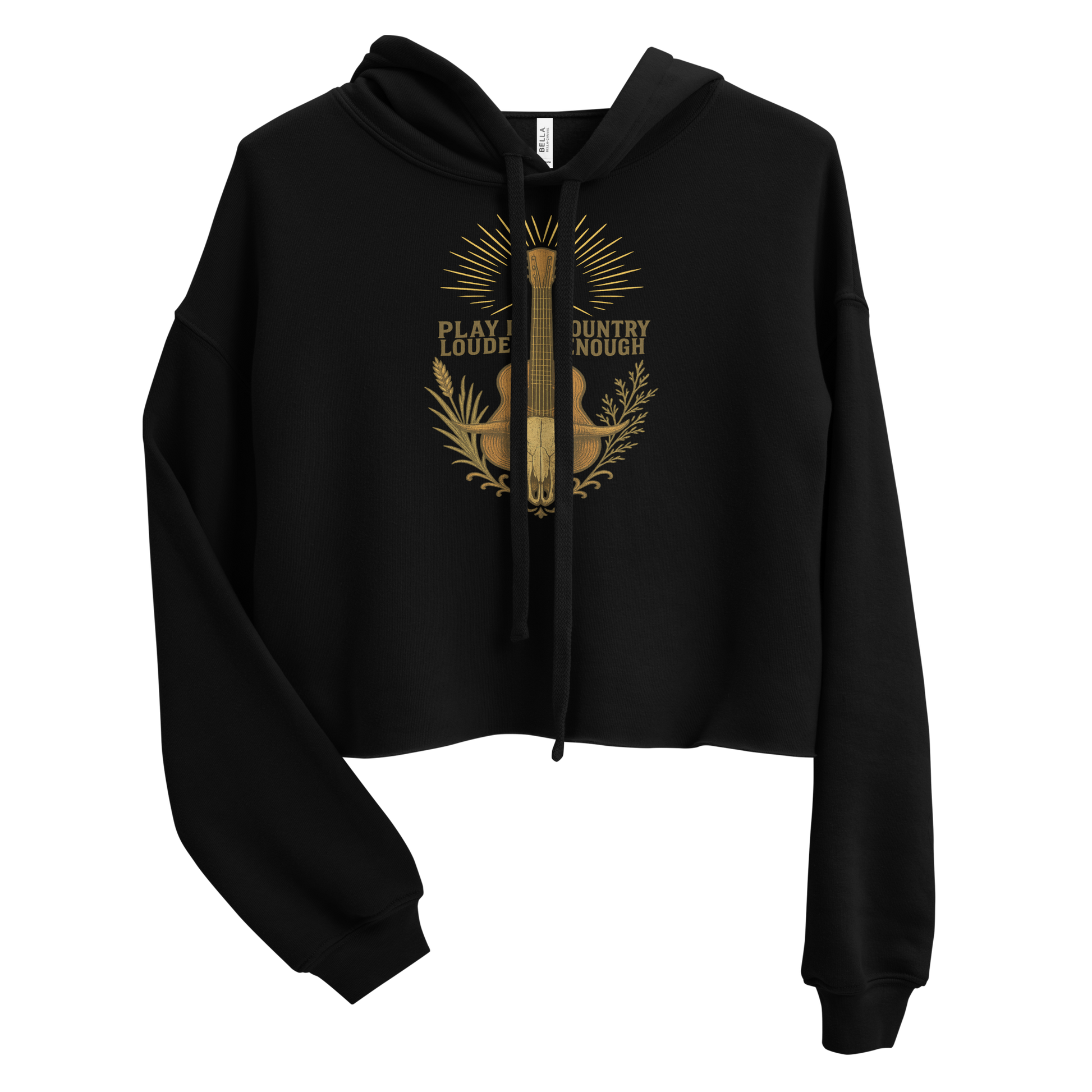 Black crop hoodie with a guitar graphic featuring the words play it louder and country enough #black