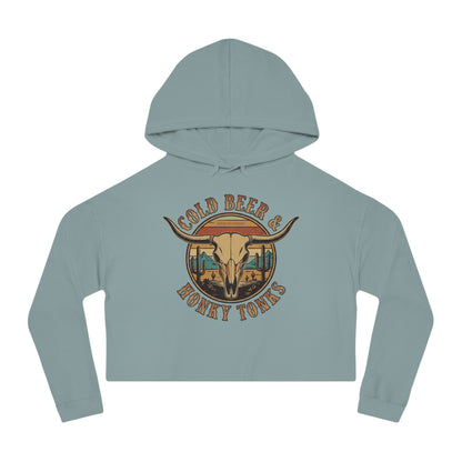 Mineral crop hoodie with graphic of longhorn, cacti, and mountains over a retro background with words cold beer and honky tonks #mineral