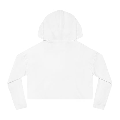 White crop hoodie with graphic of longhorn, cacti, and mountains over a retro background with words cold beer and honky tonks #white