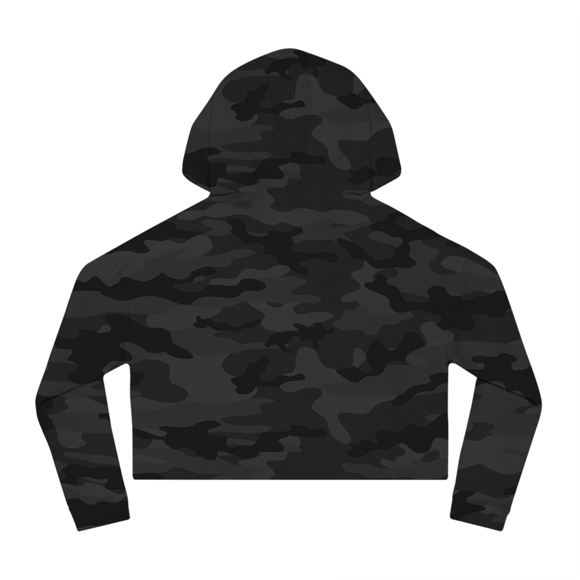 Black Camo crop hoodie with graphic of a cowgirls on a bucking horse, cacti, mountains, and the words who runs the west cowgirls #blackcamo