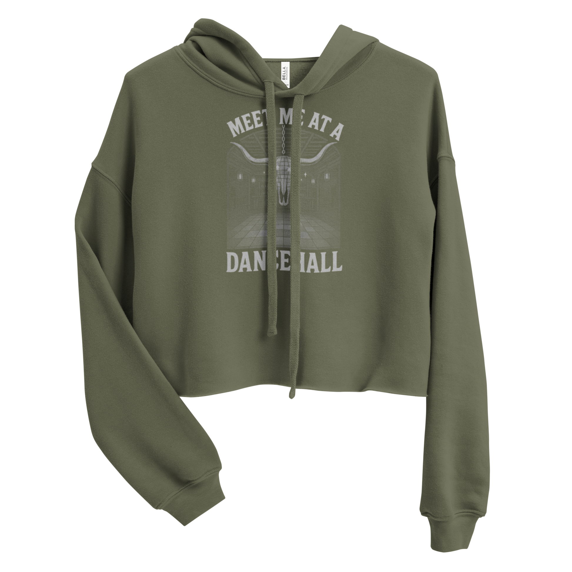 Military Green crop hoodie with graphic of longhorn style disco ball, bar scene, and words meet me at a dance hall #militarygreen