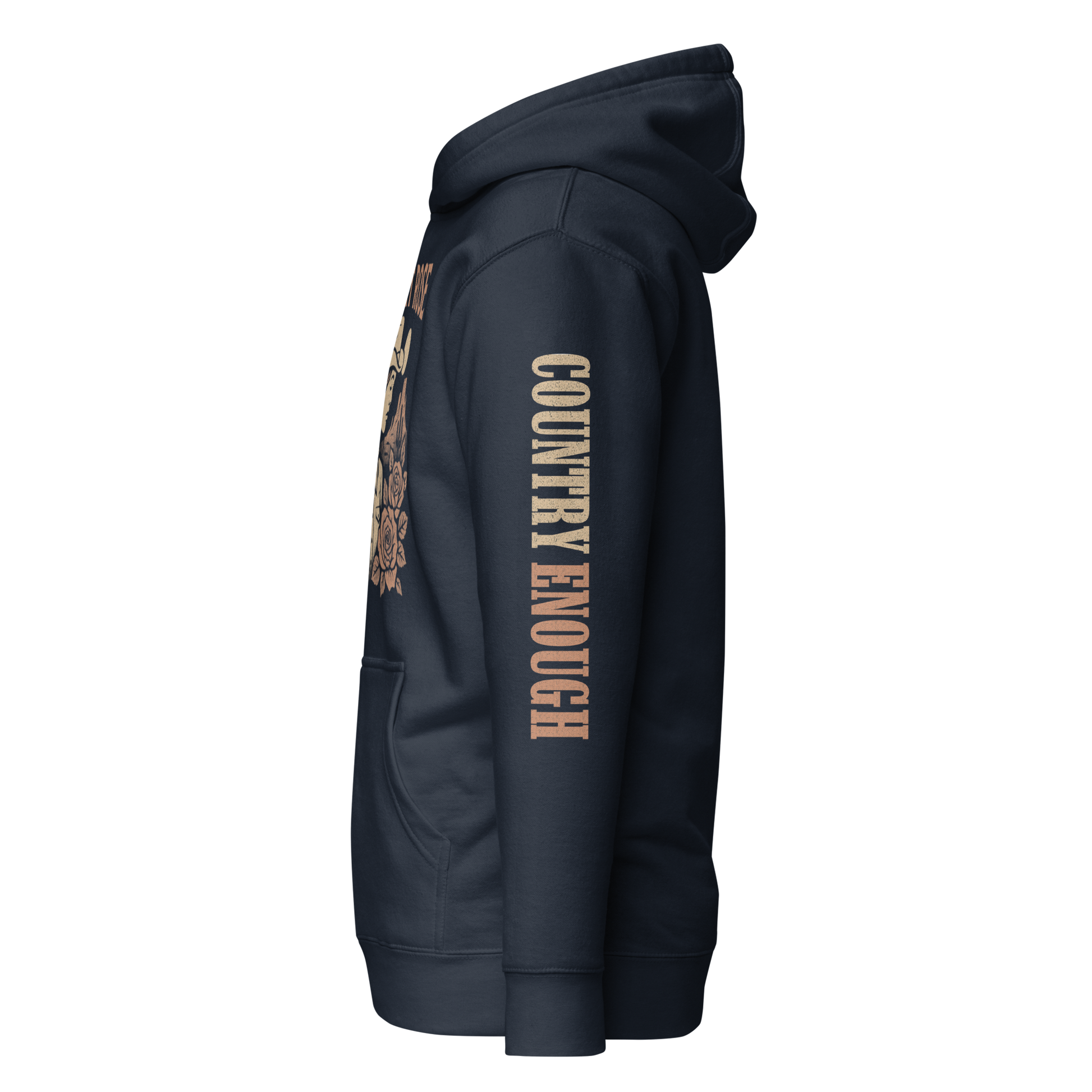 Navy Blazer hoodie with graphic of cowgirl, roses, sun, and desert landscape #navyblazer