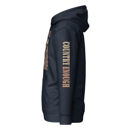 Navy Blazer hoodie with graphic of cowgirl, roses, sun, and desert landscape #navyblazer