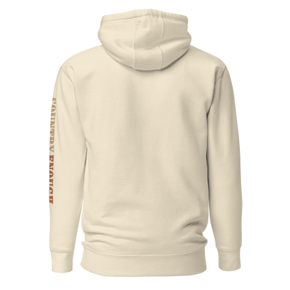 Cream hoodie with graphic of cowgirl, roses, sun, and desert landscape #cream