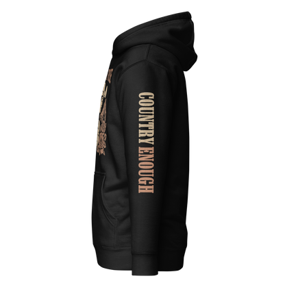 Black hoodie with graphic of cowgirl, roses, sun, and desert landscape #black