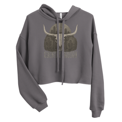 Gray crop hoodie with graphic of bull skull, cacti, and words country enough #gray