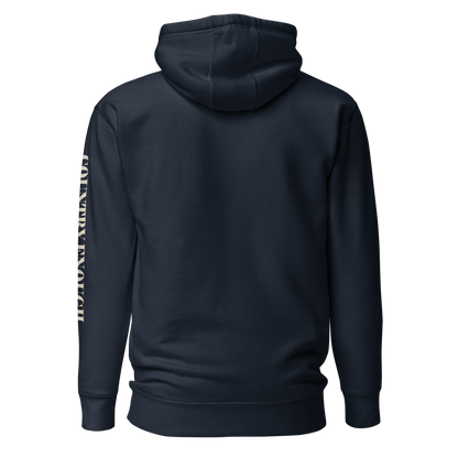 Navy Blazer hoodie with graphic of a cowgirl silhouette in a light pink color with words country enough #navyblazer