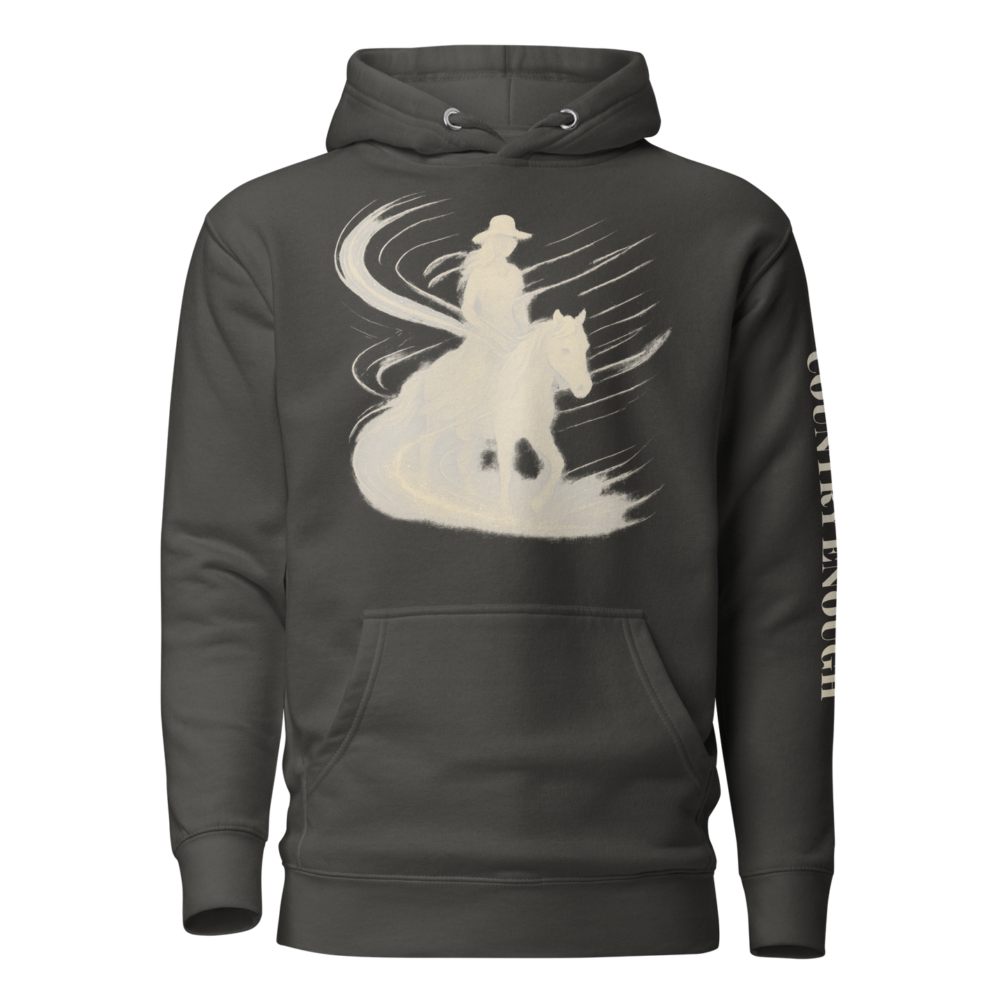 Vintage Black hoodie with graphic of a cowgirl silhouette in a light pink color with words country enough #vintageblack