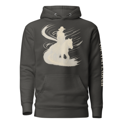Vintage Black hoodie with graphic of a cowgirl silhouette in a light pink color with words country enough #vintageblack